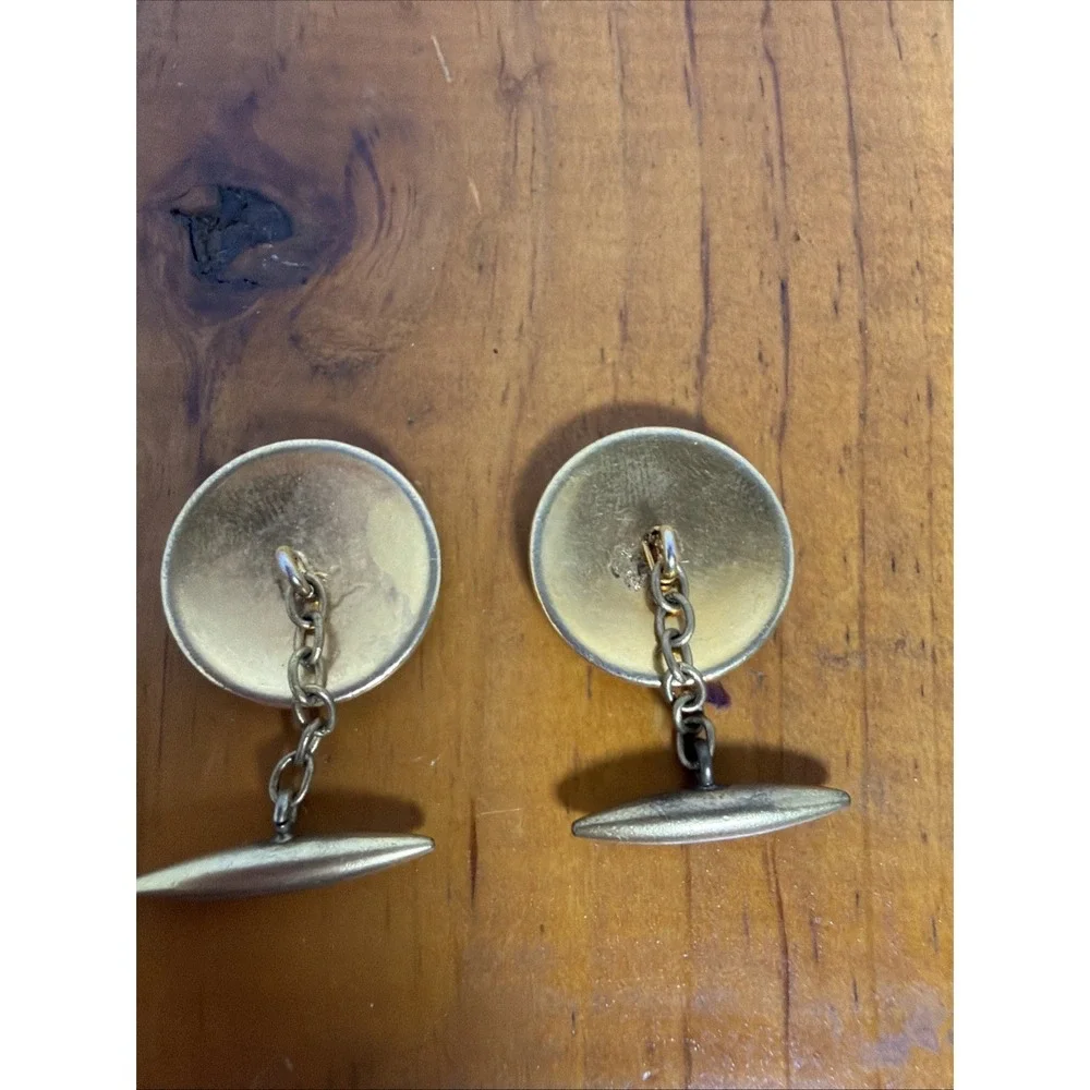 Vintage Gold Tone‎ Black Enamel Cufflinks Chain Link Round Ornate Design